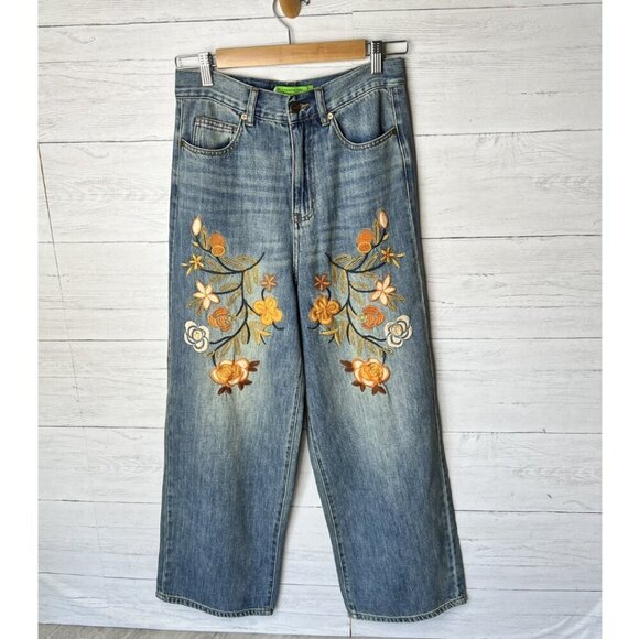 Sandrine Rose Jeans Womens Size 25 Floral Embroidered Wide Leg 100% Cotton - Picture 4 of 16
